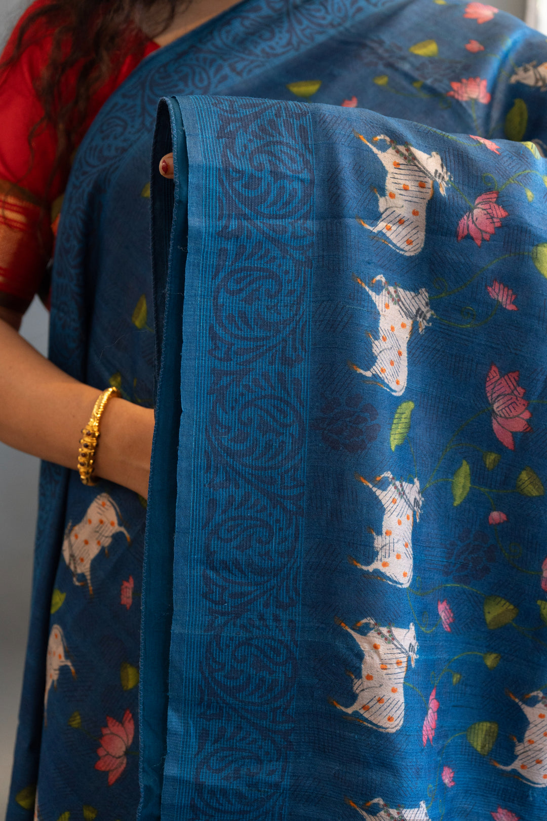 Royal Blue Pichwai Print Tussar Silk Saree and Blouse