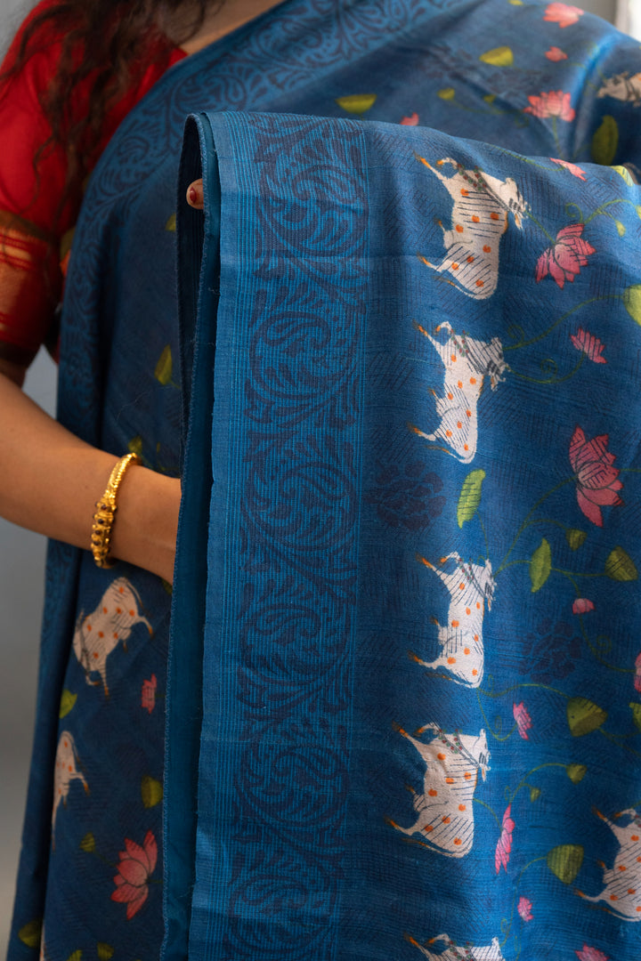 Royal Blue Pichwai Print Tussar Silk Saree and Blouse