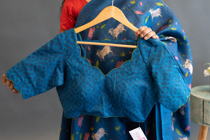 Royal Blue Pichwai Print Tussar Silk Saree and Blouse
