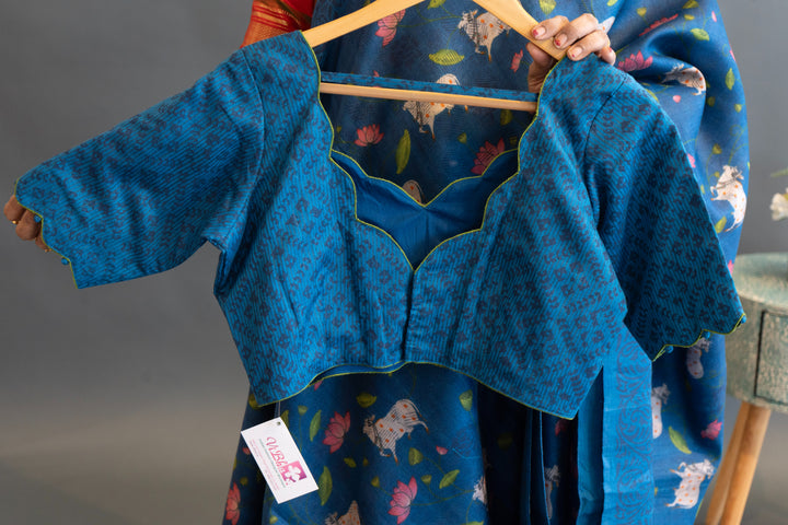 Royal Blue Pichwai Print Tussar Silk Saree and Blouse