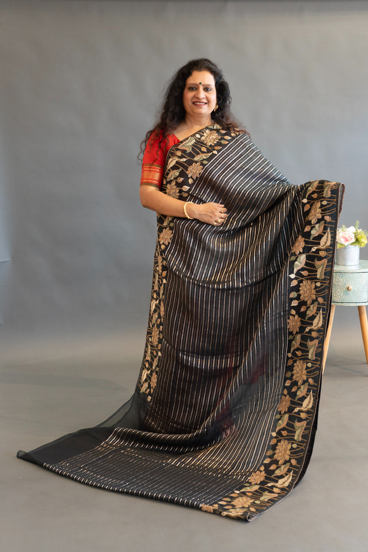 Dark Bottle-Green and Silver Soft Organza Saree and Blouse with Parsi Gara Embroidery