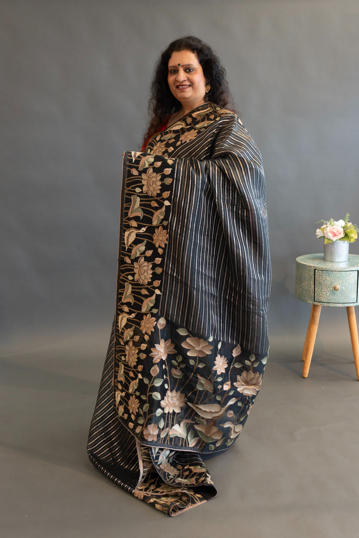 Dark Bottle-Green and Silver Soft Organza Saree and Blouse with Parsi Gara Embroidery