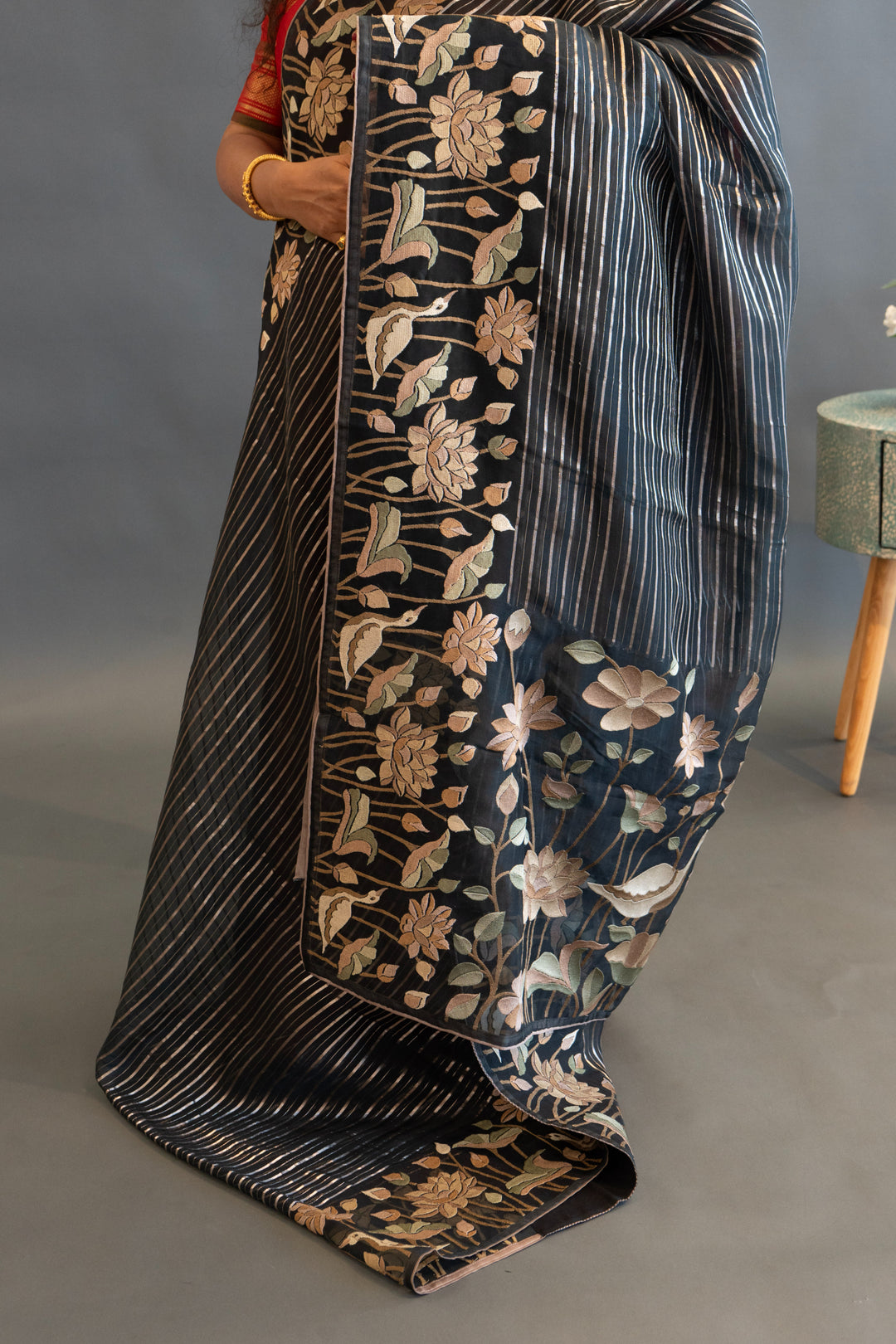 Dark Bottle-Green and Silver Soft Organza Saree and Blouse with Parsi Gara Embroidery