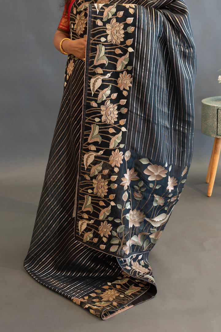 Dark Bottle-Green and Silver Soft Organza Saree and Blouse with Parsi Gara Embroidery