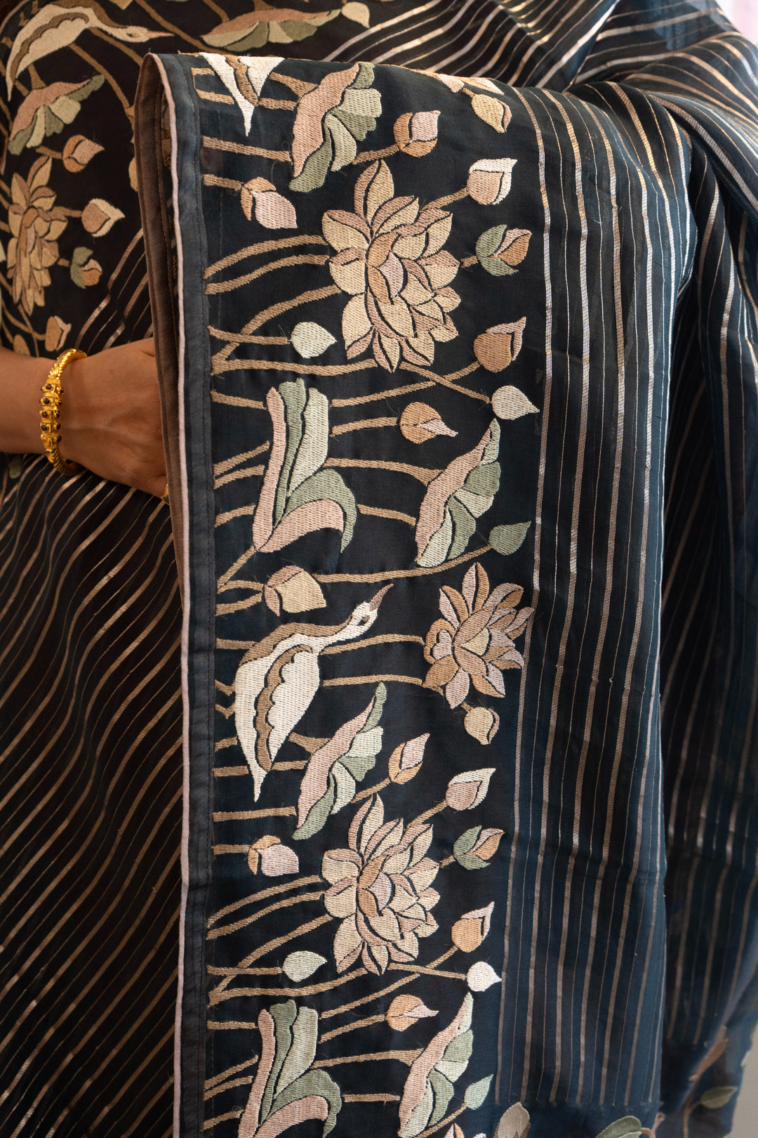 Dark Bottle-Green and Silver Soft Organza Saree and Blouse with Parsi Gara Embroidery