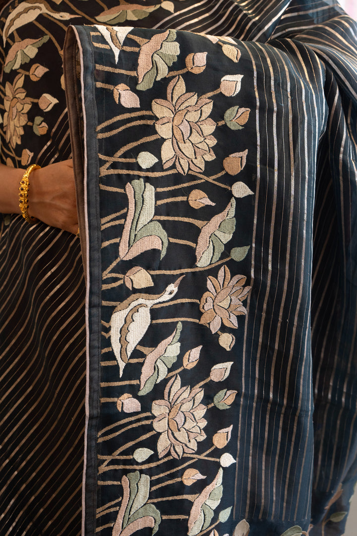 Dark Bottle-Green and Silver Soft Organza Saree and Blouse with Parsi Gara Embroidery