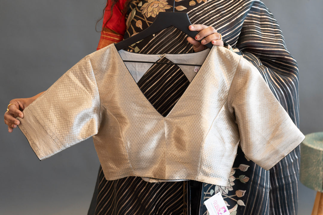 Dark Bottle-Green and Silver Soft Organza Saree and Blouse with Parsi Gara Embroidery