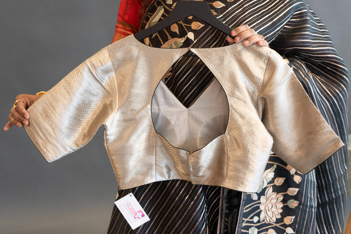 Dark Bottle-Green and Silver Soft Organza Saree and Blouse with Parsi Gara Embroidery