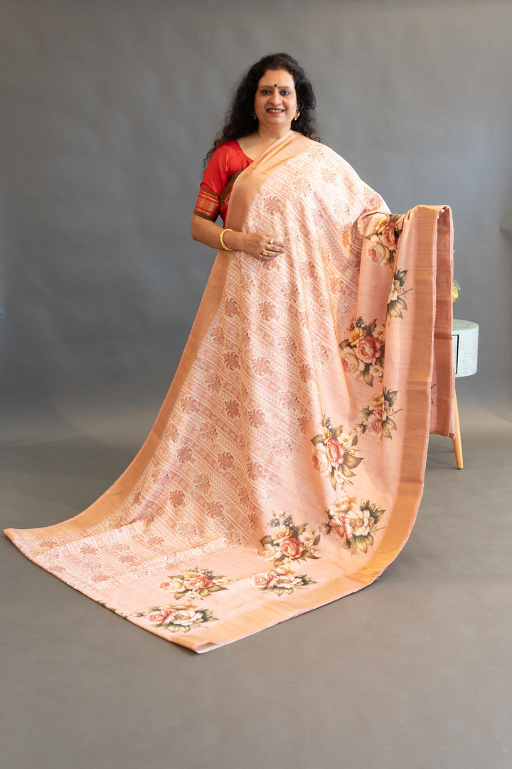 Peach Tussar Silk Saree And Blouse WIth Floral Print