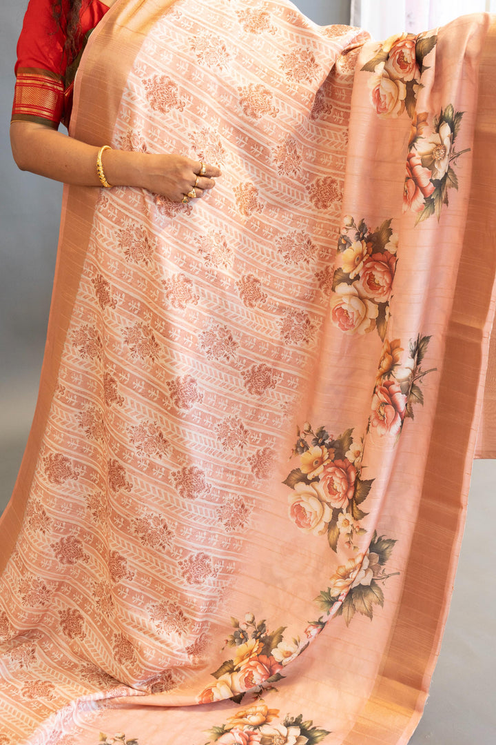 Peach Tussar Silk Saree And Blouse WIth Floral Print