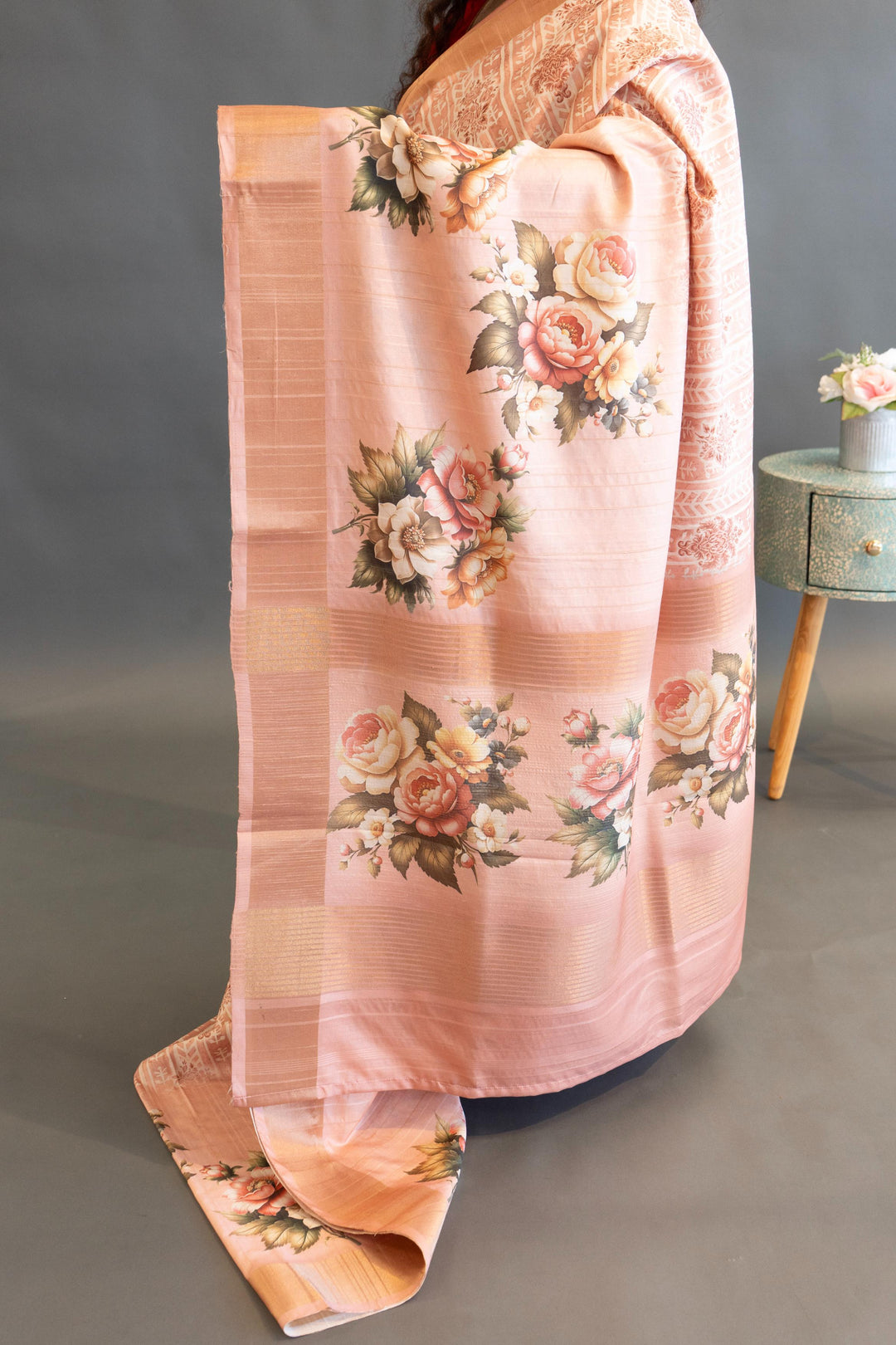 Peach Tussar Silk Saree And Blouse WIth Floral Print