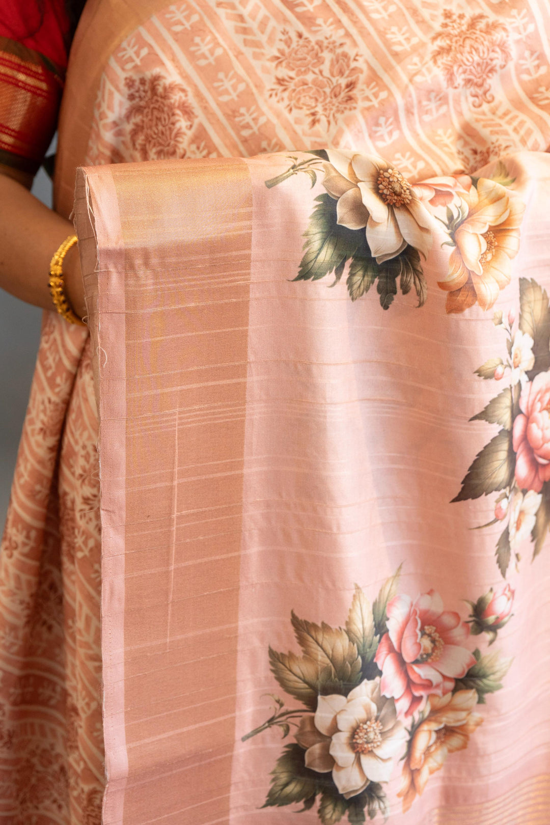 Peach Tussar Silk Saree And Blouse WIth Floral Print