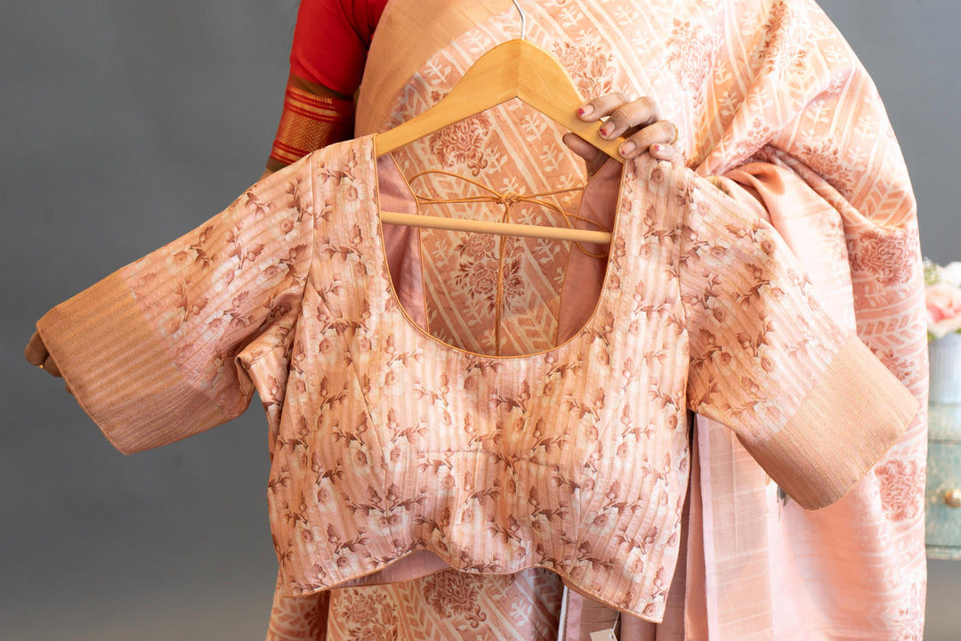 Peach Tussar Silk Saree And Blouse WIth Floral Print