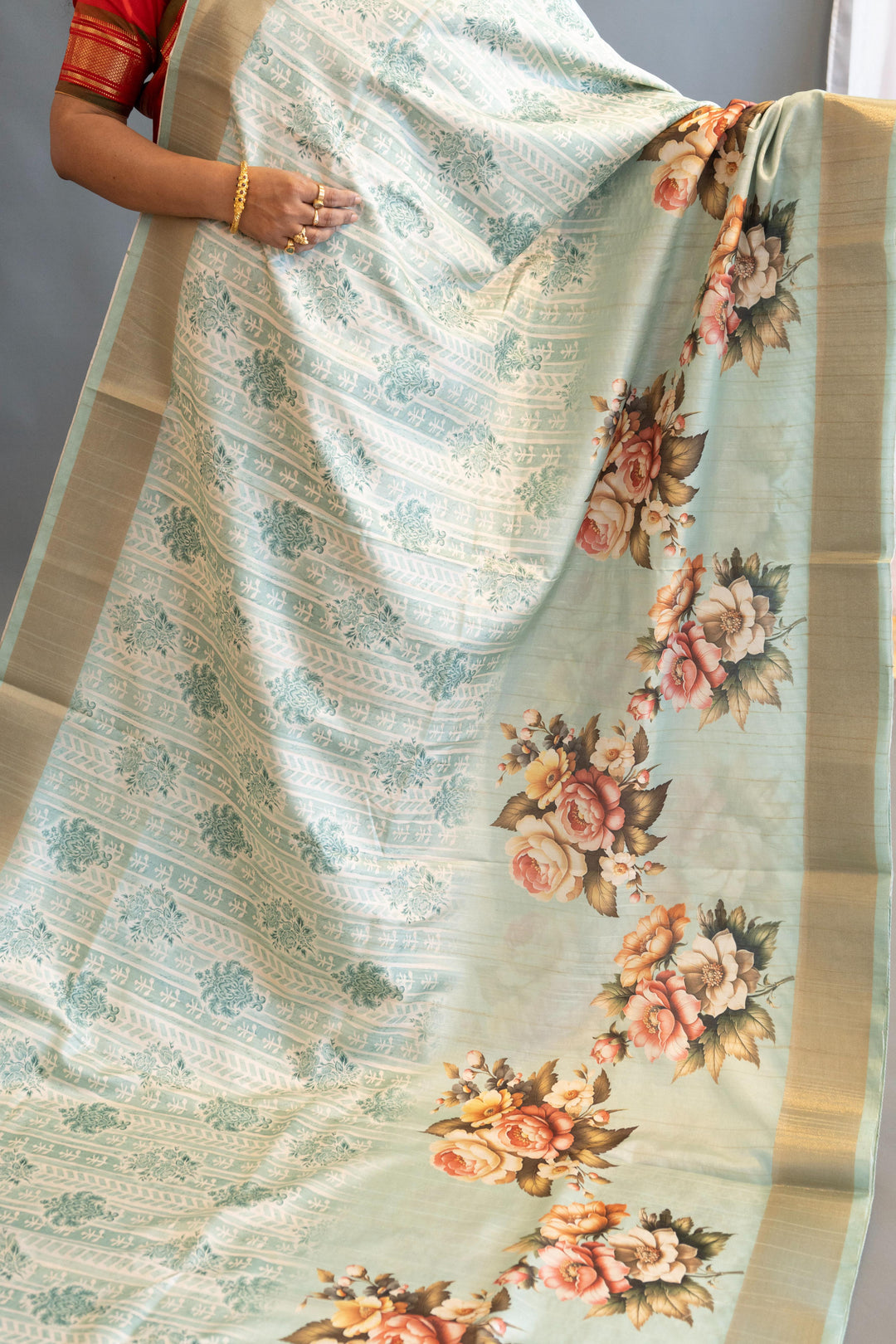 Sky Blue Tussar Silk Saree And Blouse With Floral Print