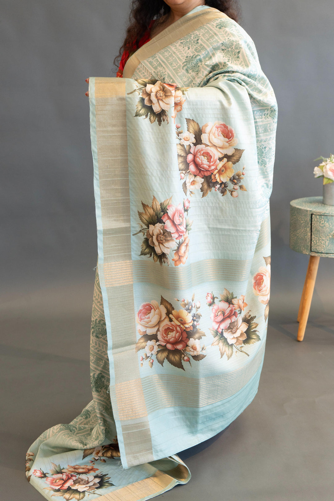 Sky Blue Tussar Silk Saree And Blouse With Floral Print