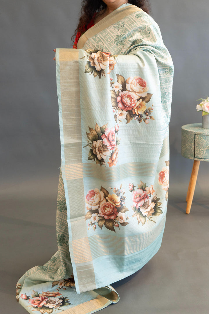 Sky Blue Tussar Silk Saree And Blouse With Floral Print
