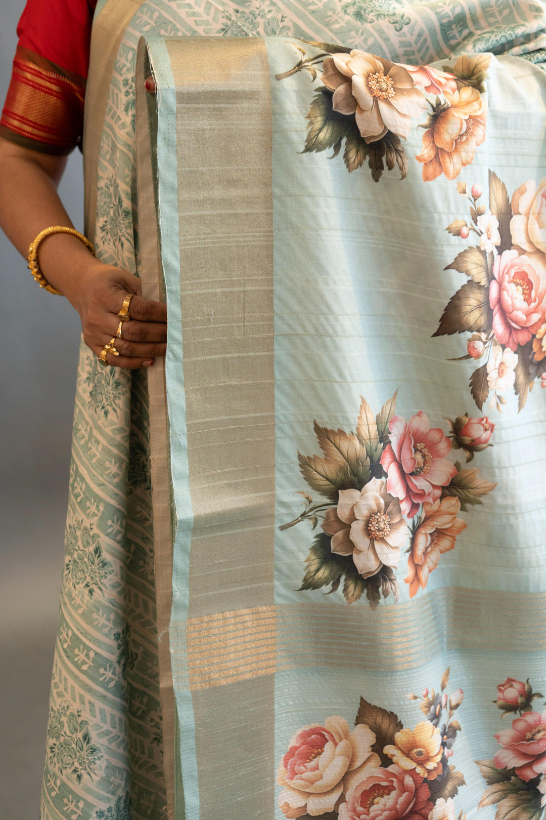 Sky Blue Tussar Silk Saree And Blouse With Floral Print