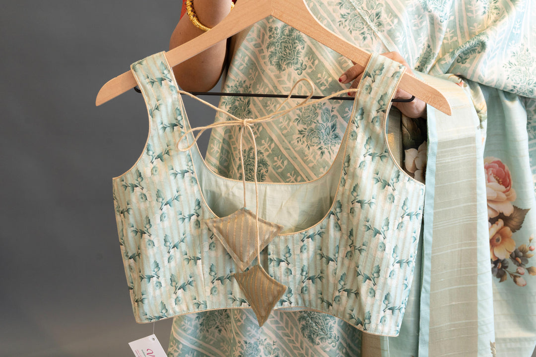 Sky Blue Tussar Silk Saree And Blouse With Floral Print