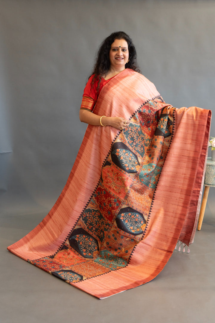 Rust Tussar Silk with Multicolor Kalamkari Print Saree and Blouse