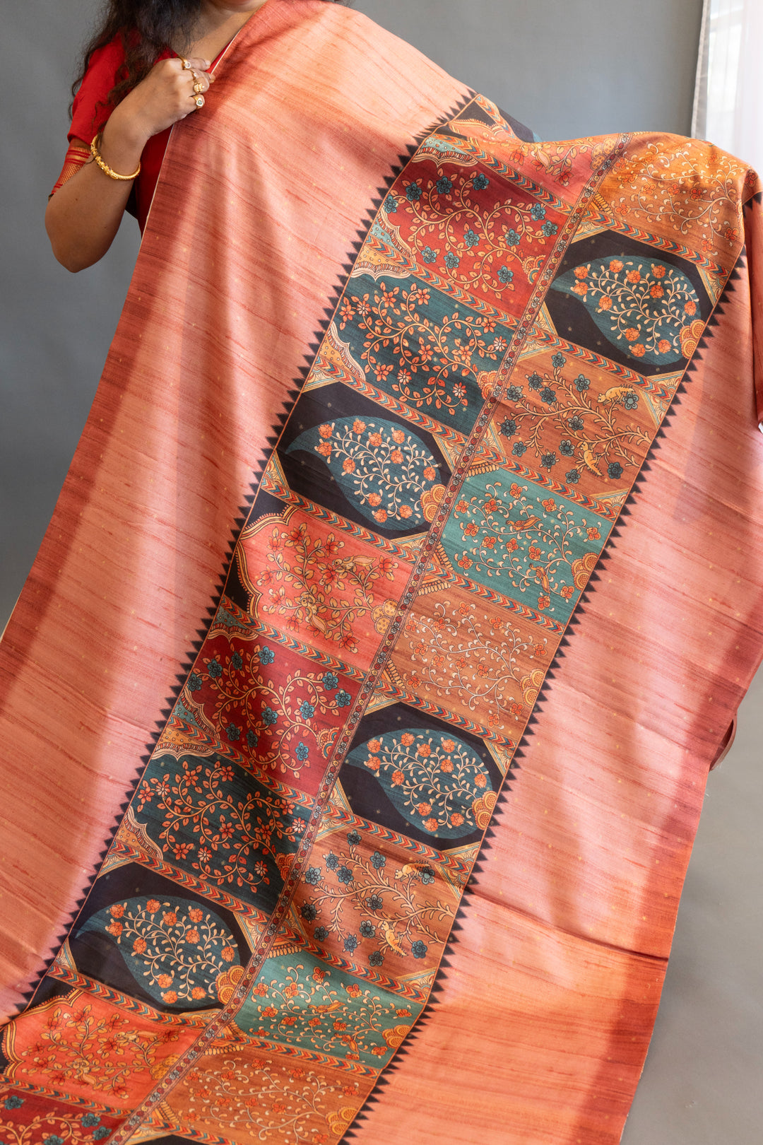 Rust Tussar Silk with Multicolor Kalamkari Print Saree and Blouse