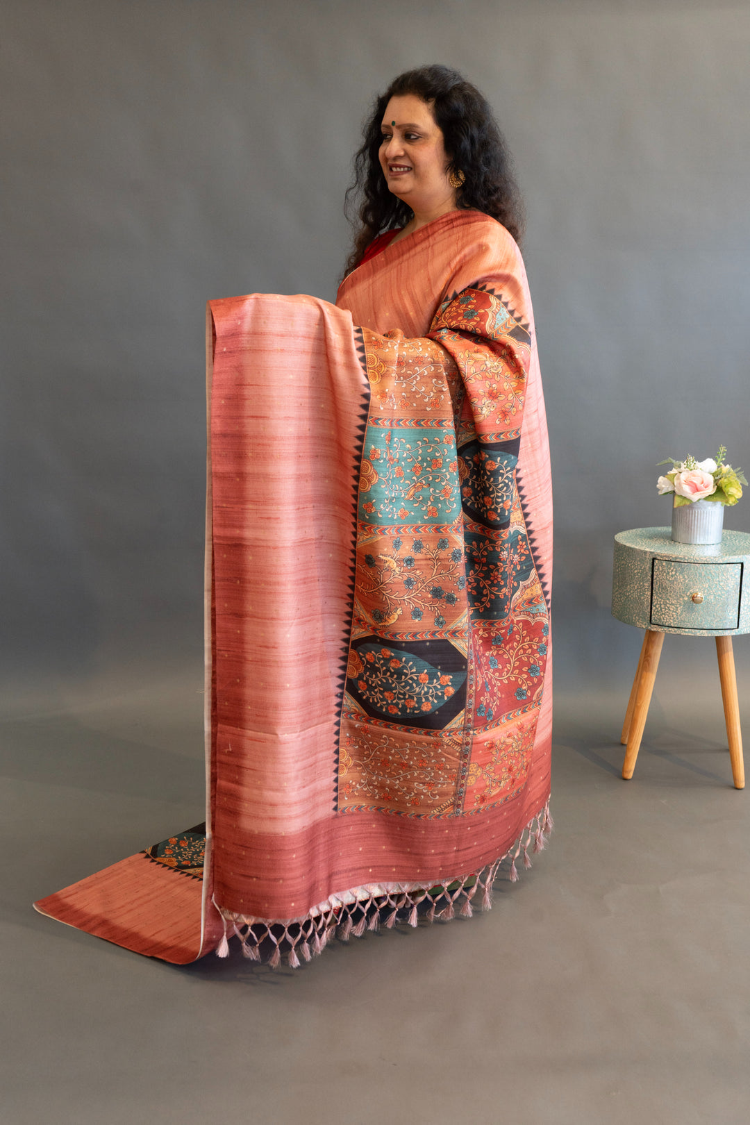 Rust Tussar Silk with Multicolor Kalamkari Print Saree and Blouse
