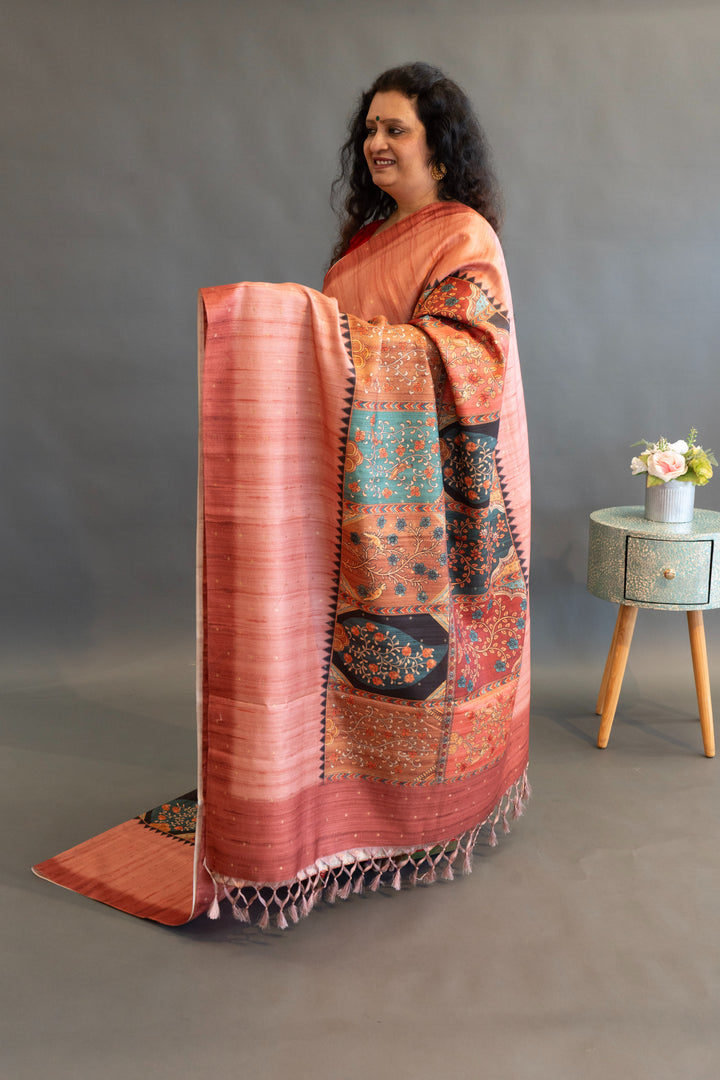 Rust Tussar Silk with Multicolor Kalamkari Print Saree and Blouse