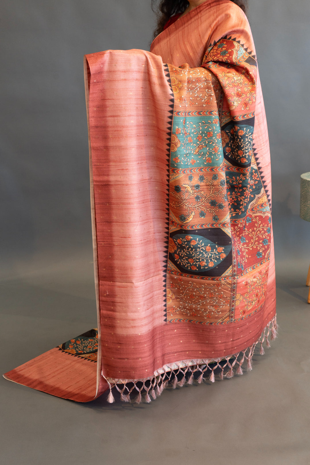 Rust Tussar Silk with Multicolor Kalamkari Print Saree and Blouse
