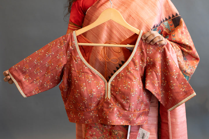 Rust Tussar Silk with Multicolor Kalamkari Print Saree and Blouse