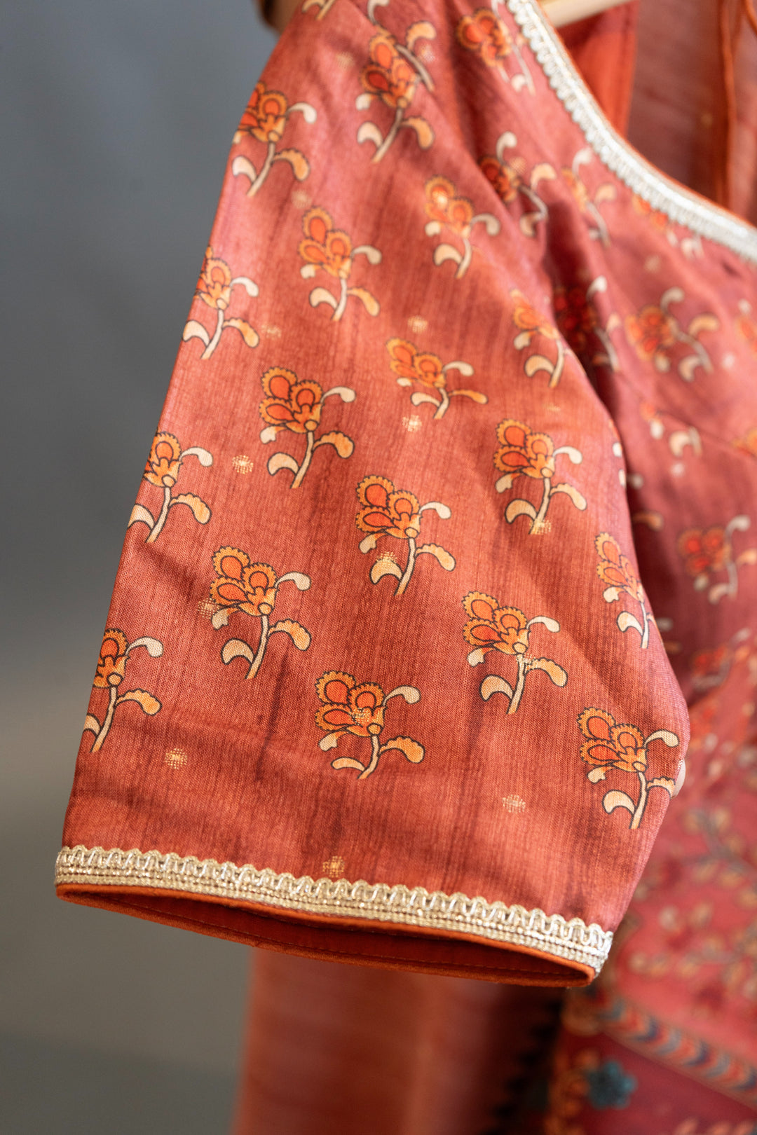 Rust Tussar Silk with Multicolor Kalamkari Print Saree and Blouse