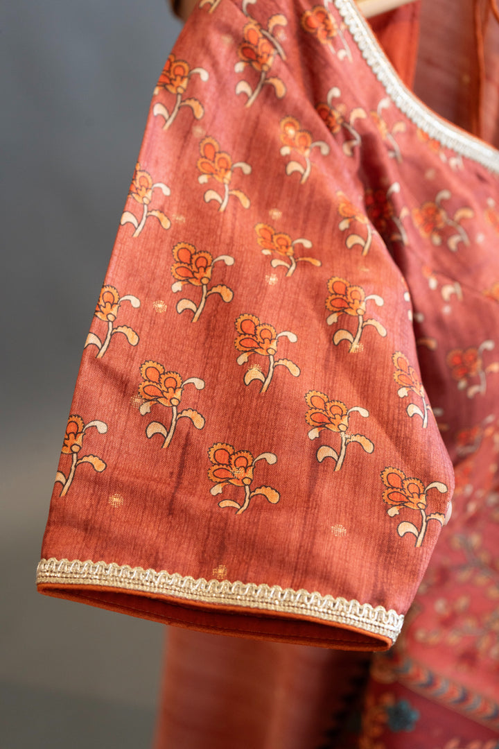 Rust Tussar Silk with Multicolor Kalamkari Print Saree and Blouse