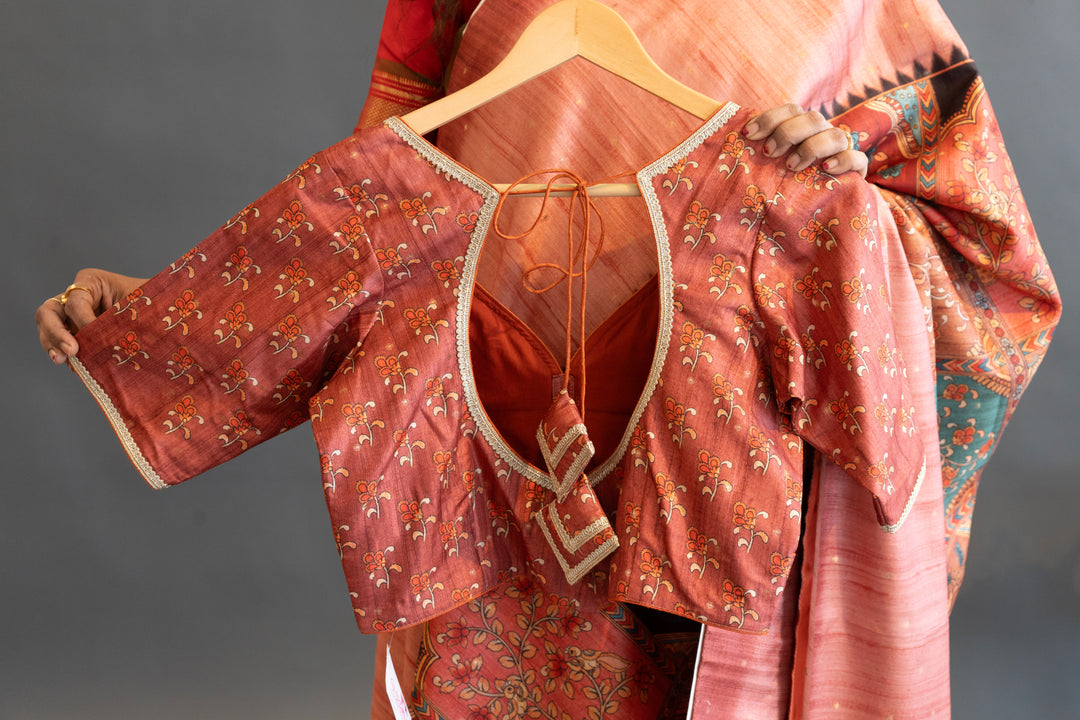 Rust Tussar Silk with Multicolor Kalamkari Print Saree and Blouse