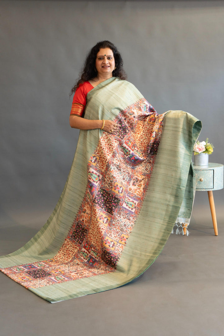 Sage Green Tussar Silk Saree And Blouse With Center Block Print
