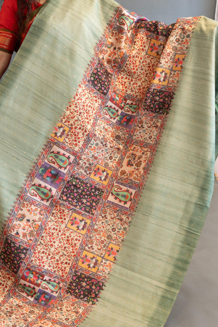 Sage Green Tussar Silk Saree And Blouse With Center Block Print