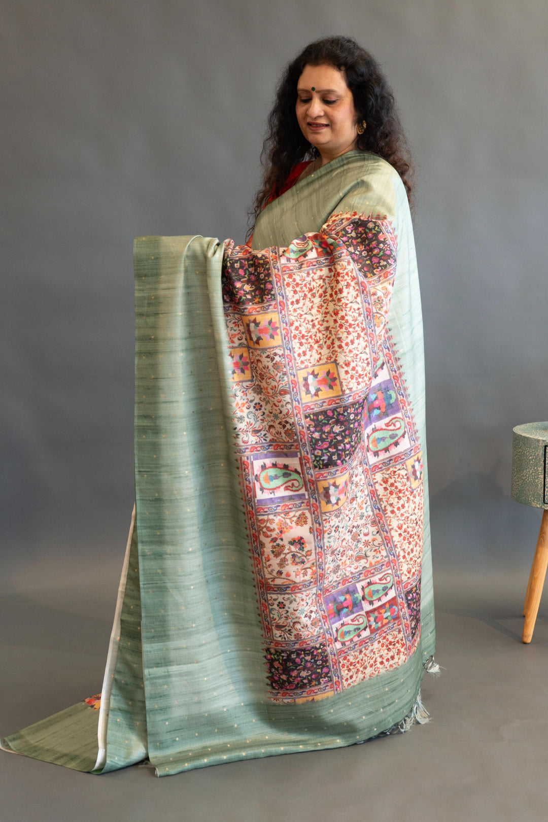 Sage Green Tussar Silk Saree And Blouse With Center Block Print