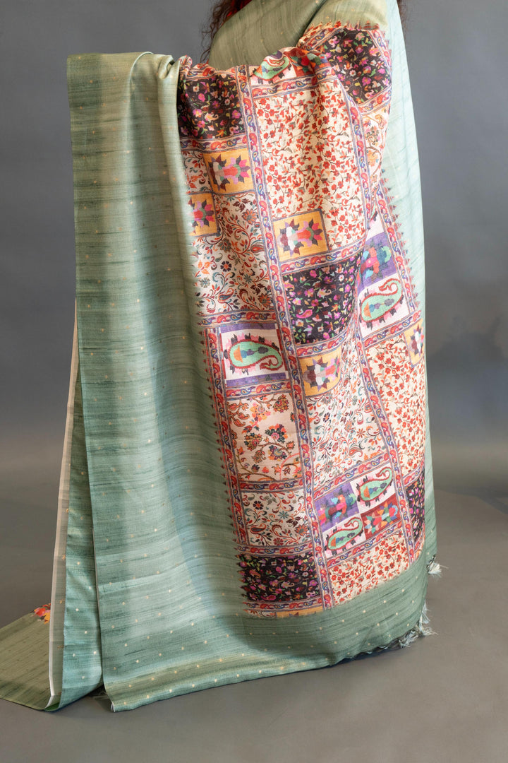 Sage Green Tussar Silk Saree And Blouse With Center Block Print