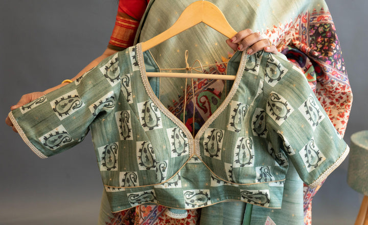 Sage Green Tussar Silk Saree And Blouse With Center Block Print