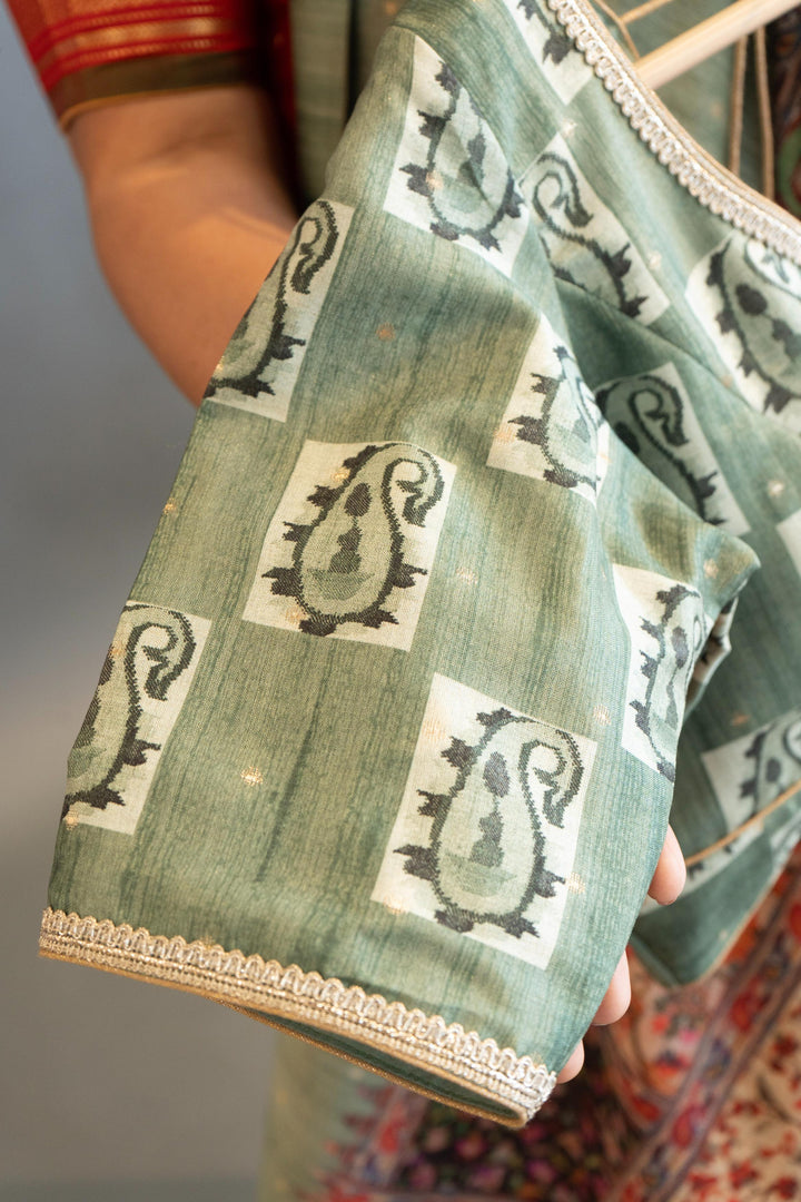 Sage Green Tussar Silk Saree And Blouse With Center Block Print