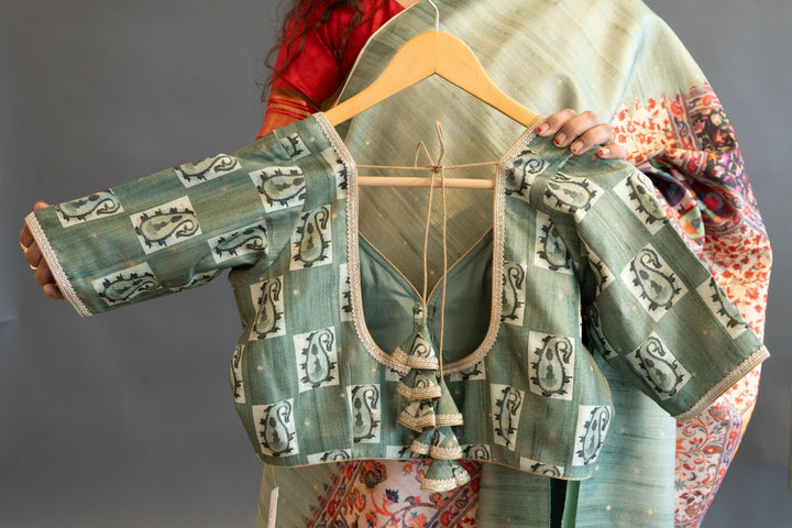 Sage Green Tussar Silk Saree And Blouse With Center Block Print
