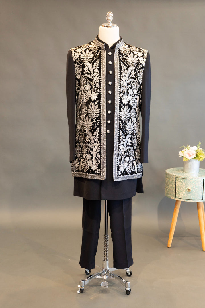 Black Embroidered 3-Piece Mens Kurta Set