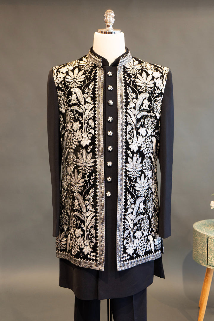 Black Embroidered 3-Piece Mens Kurta Set