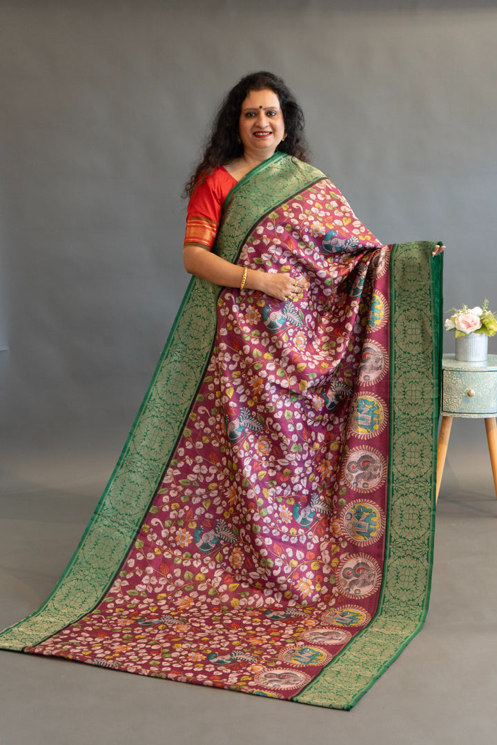 Magenta and Green Pen Kalamkari print Saree and Blouse