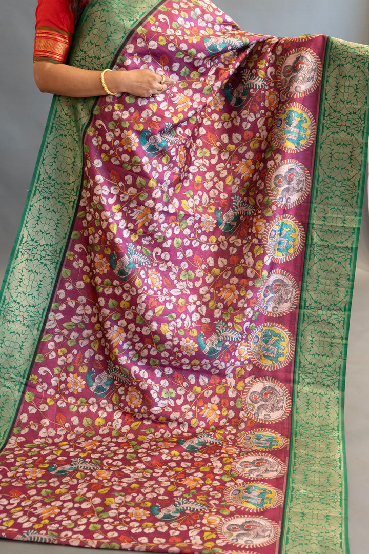 Magenta and Green Pen Kalamkari print Saree and Blouse