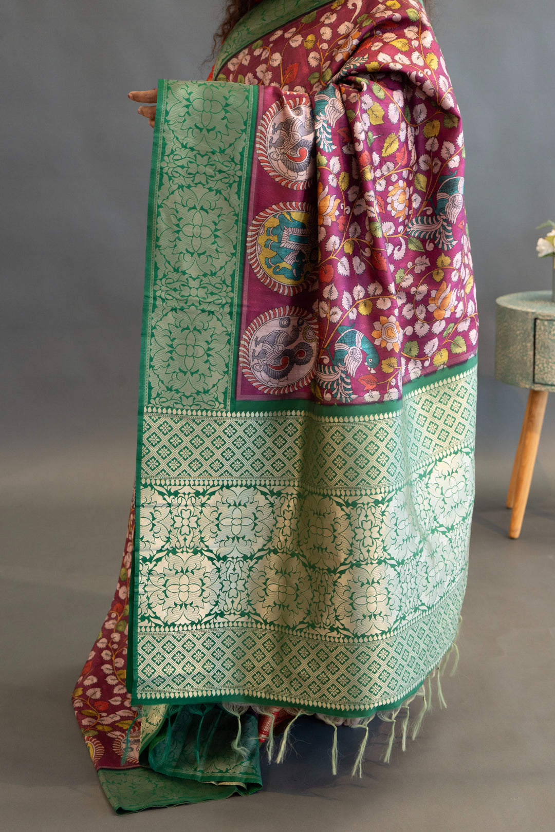 Magenta and Green Pen Kalamkari print Saree and Blouse