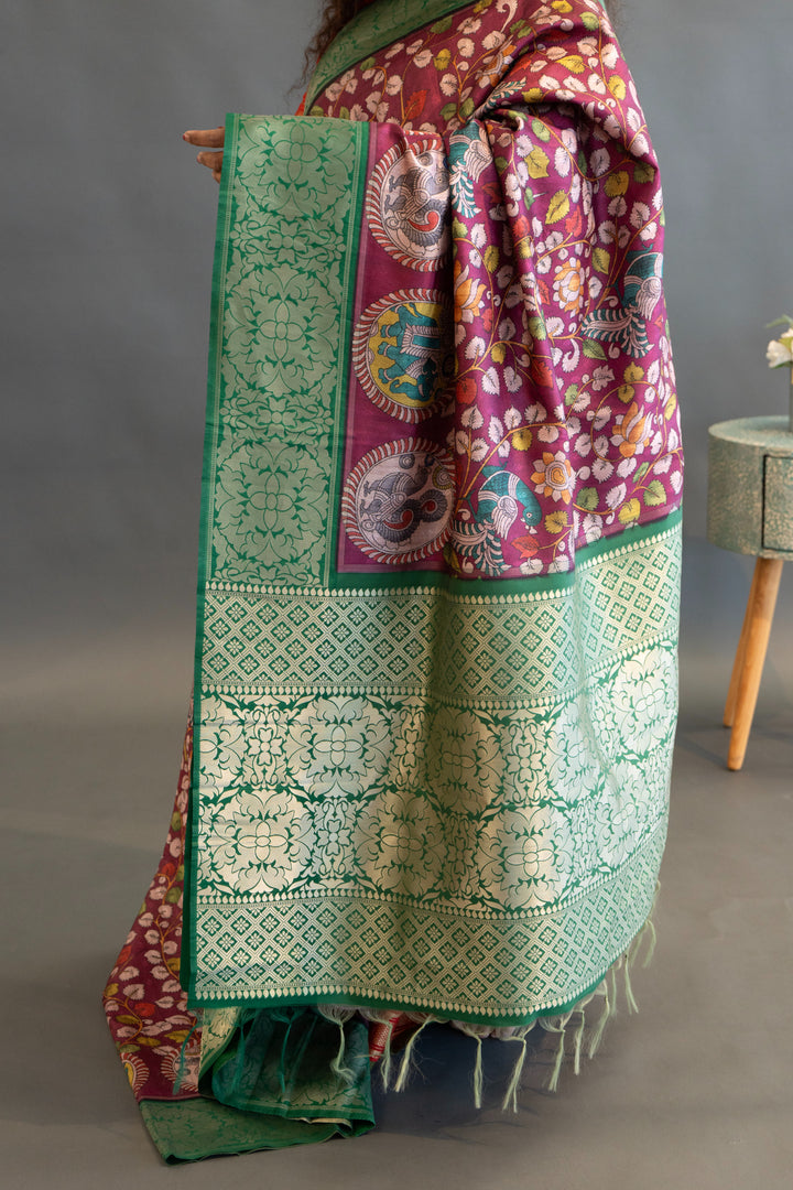 Magenta and Green Pen Kalamkari print Saree and Blouse