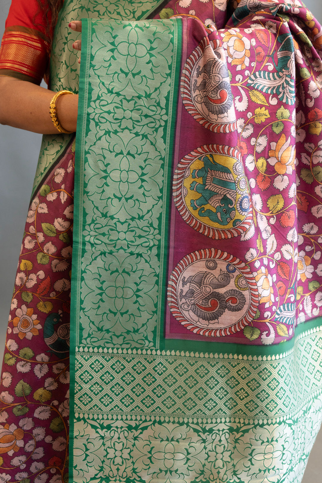 Magenta and Green Pen Kalamkari print Saree and Blouse