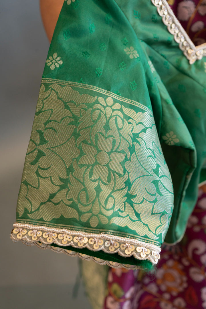 Magenta and Green Pen Kalamkari print Saree and Blouse