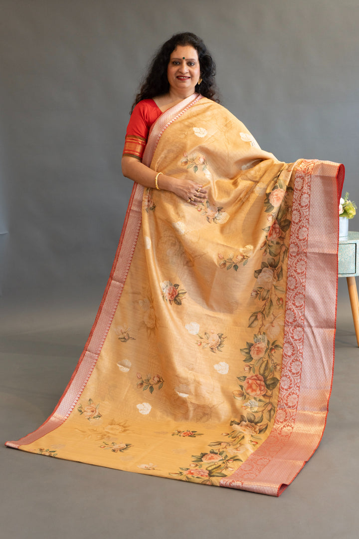 Mustard Yellow and Red Floral Print Banarasi Cora Saree and Blouse
