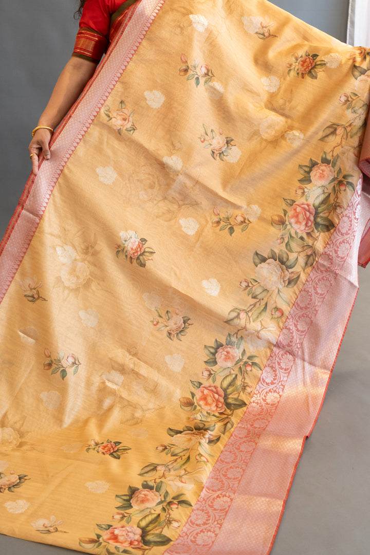 Mustard Yellow and Red Floral Print Banarasi Cora Saree and Blouse