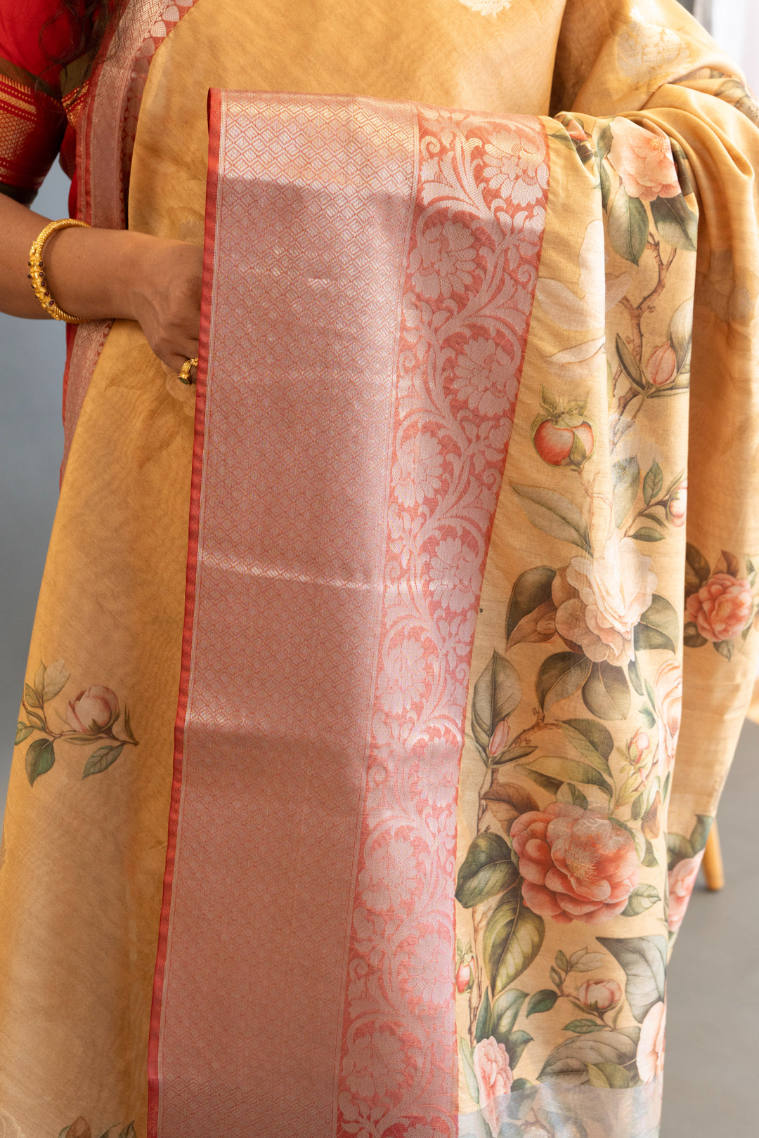 Mustard Yellow and Red Floral Print Banarasi Cora Saree and Blouse