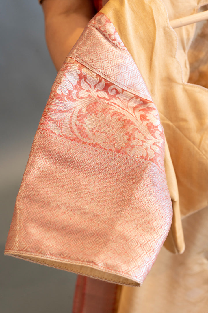 Mustard Yellow and Red Floral Print Banarasi Cora Saree and Blouse